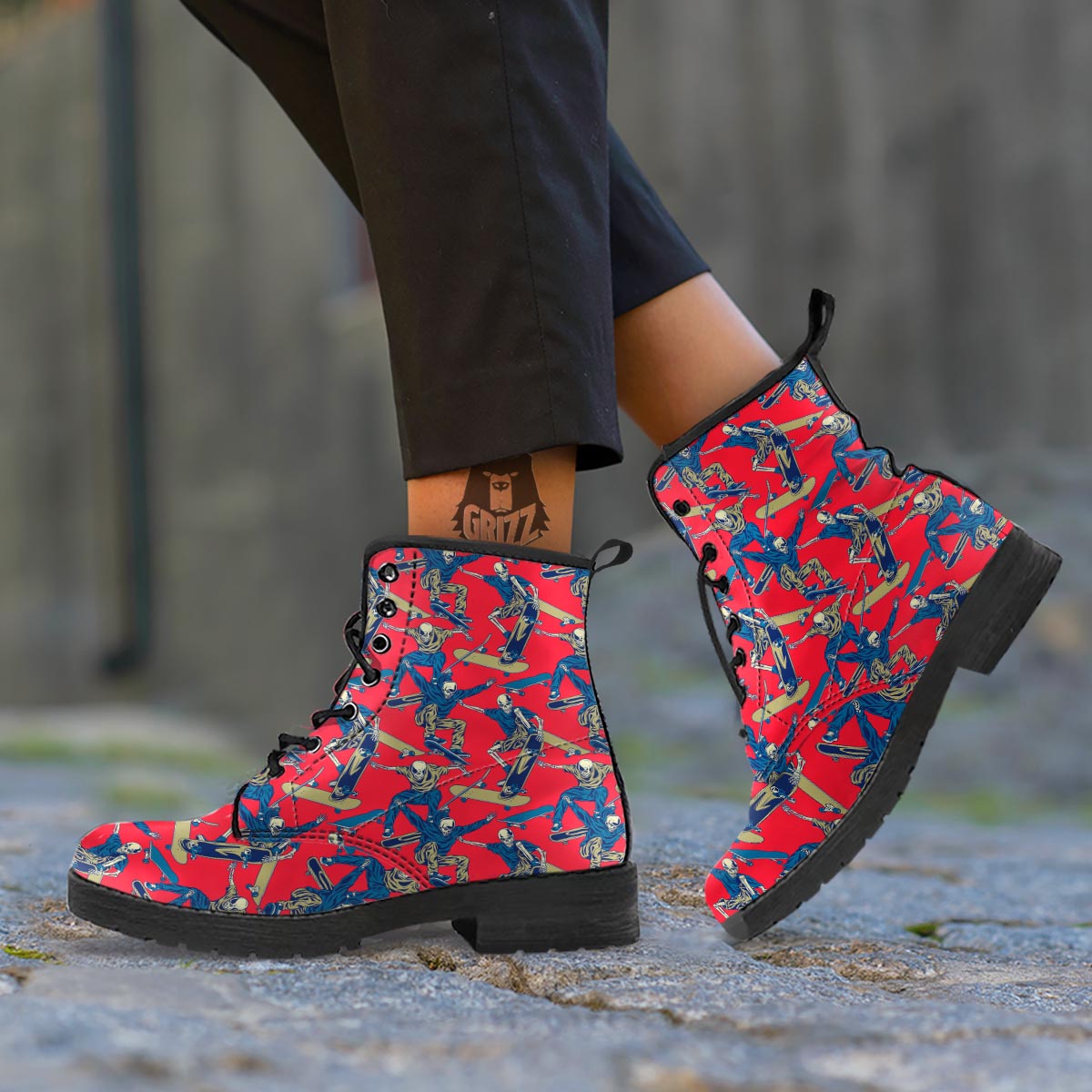 Skeleton Skateboarding Print Pattern Leather Boots-grizzshop