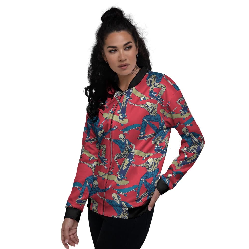 Skeleton Skateboarding Print Pattern Women's Bomber Jacket-grizzshop