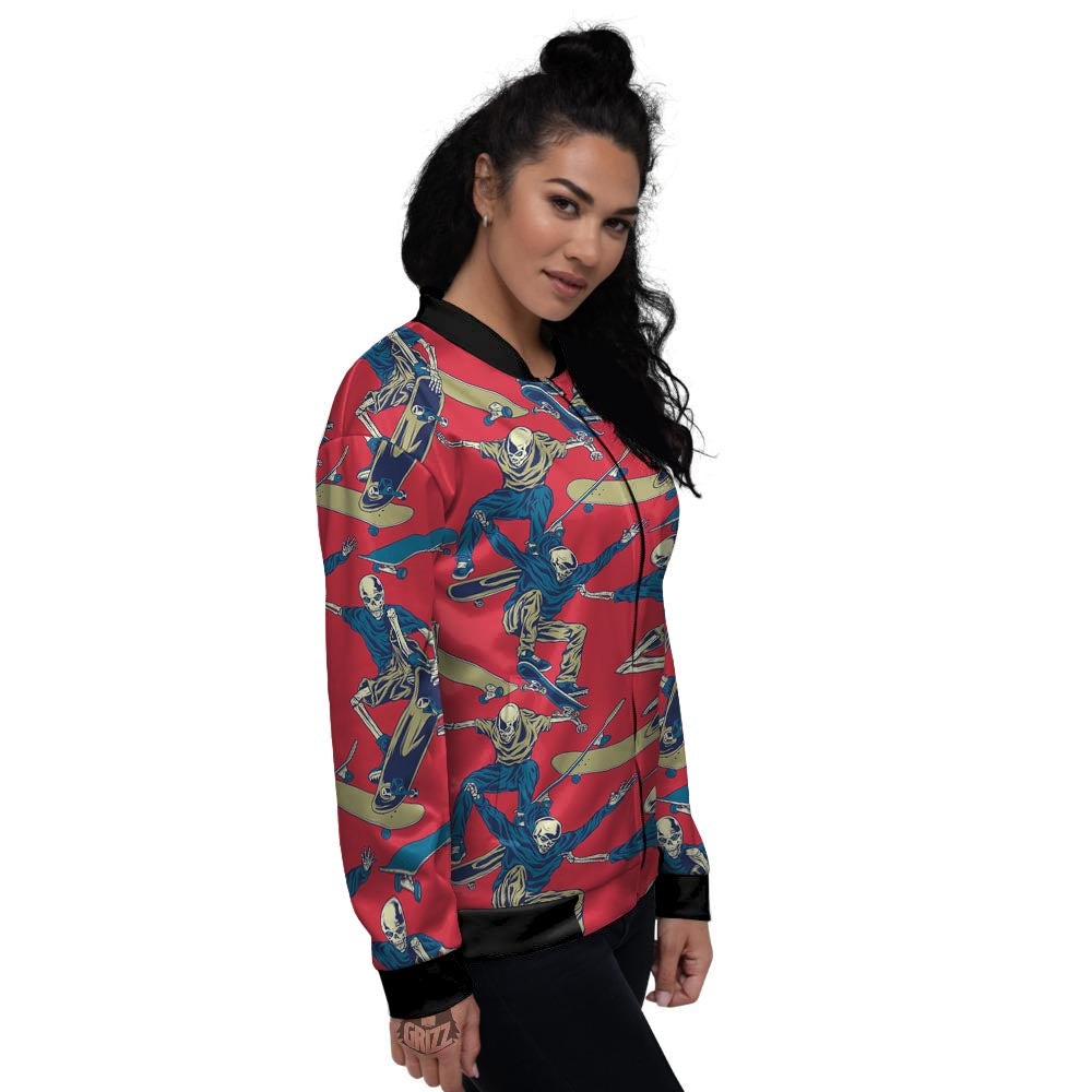 Skeleton Skateboarding Print Pattern Women's Bomber Jacket-grizzshop