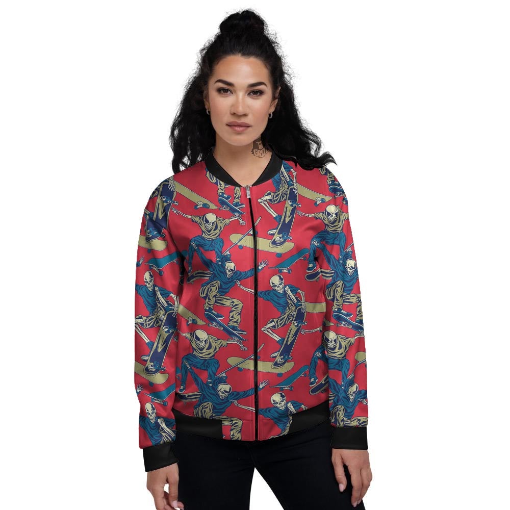 Skeleton Skateboarding Print Pattern Women's Bomber Jacket-grizzshop