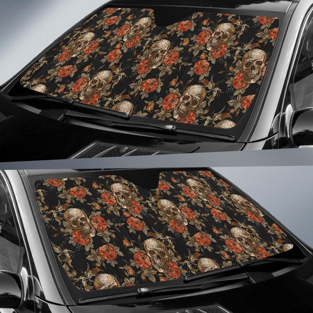 Skeleton Sugar Skull Girly Floral Rose Pattern Print Car Sun Shade-grizzshop