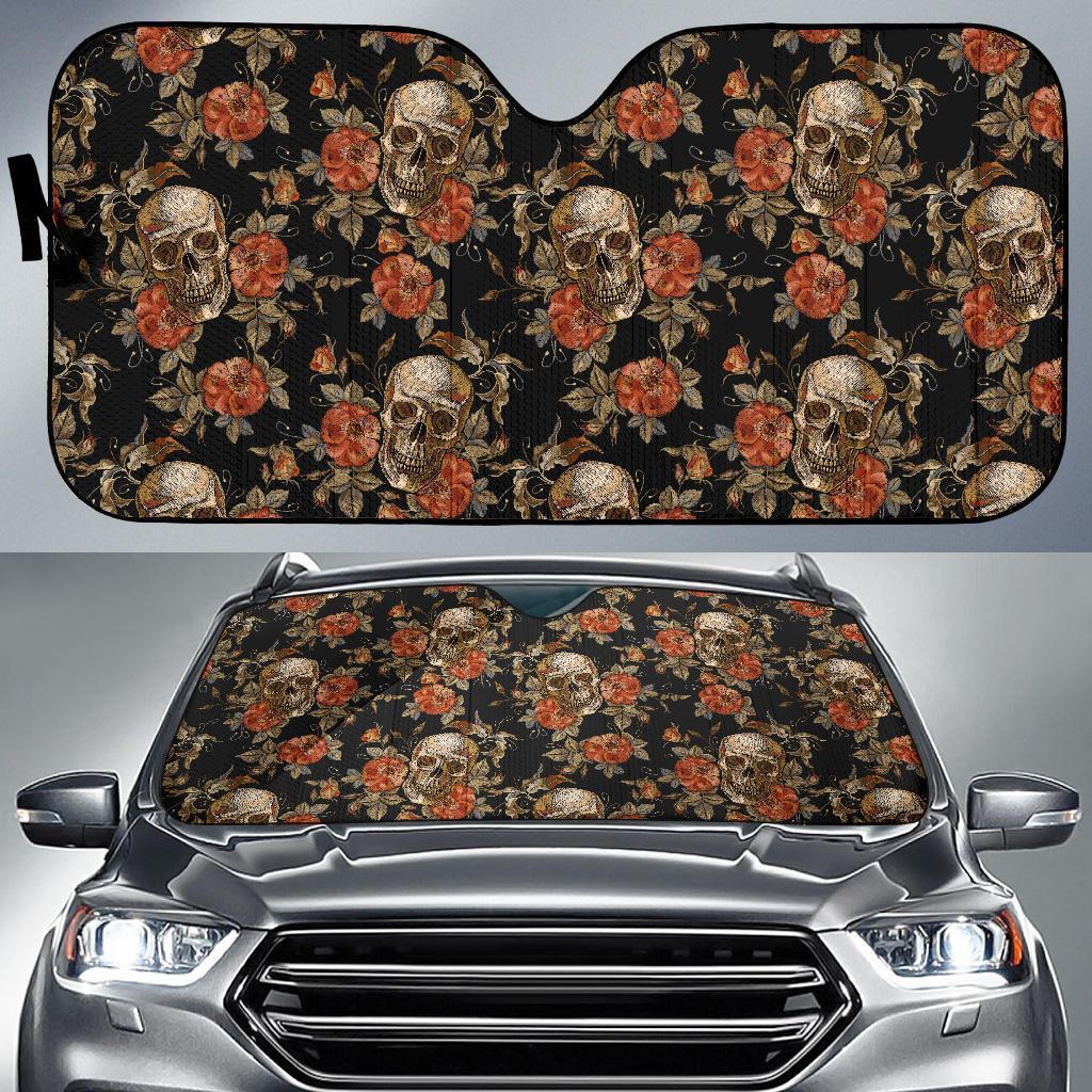 Skeleton Sugar Skull Girly Floral Rose Pattern Print Car Sun Shade-grizzshop