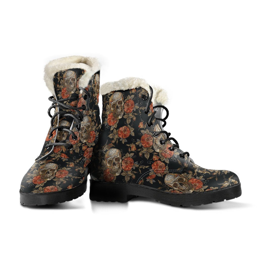 Skeleton Sugar Skull Girly Floral Rose Pattern Print Comfy Winter Boots-grizzshop