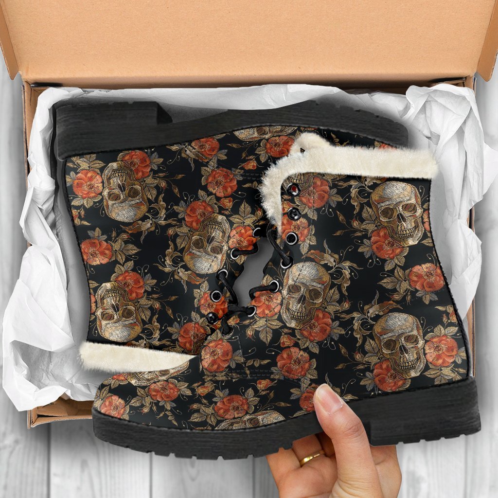 Skeleton Sugar Skull Girly Floral Rose Pattern Print Comfy Winter Boots-grizzshop