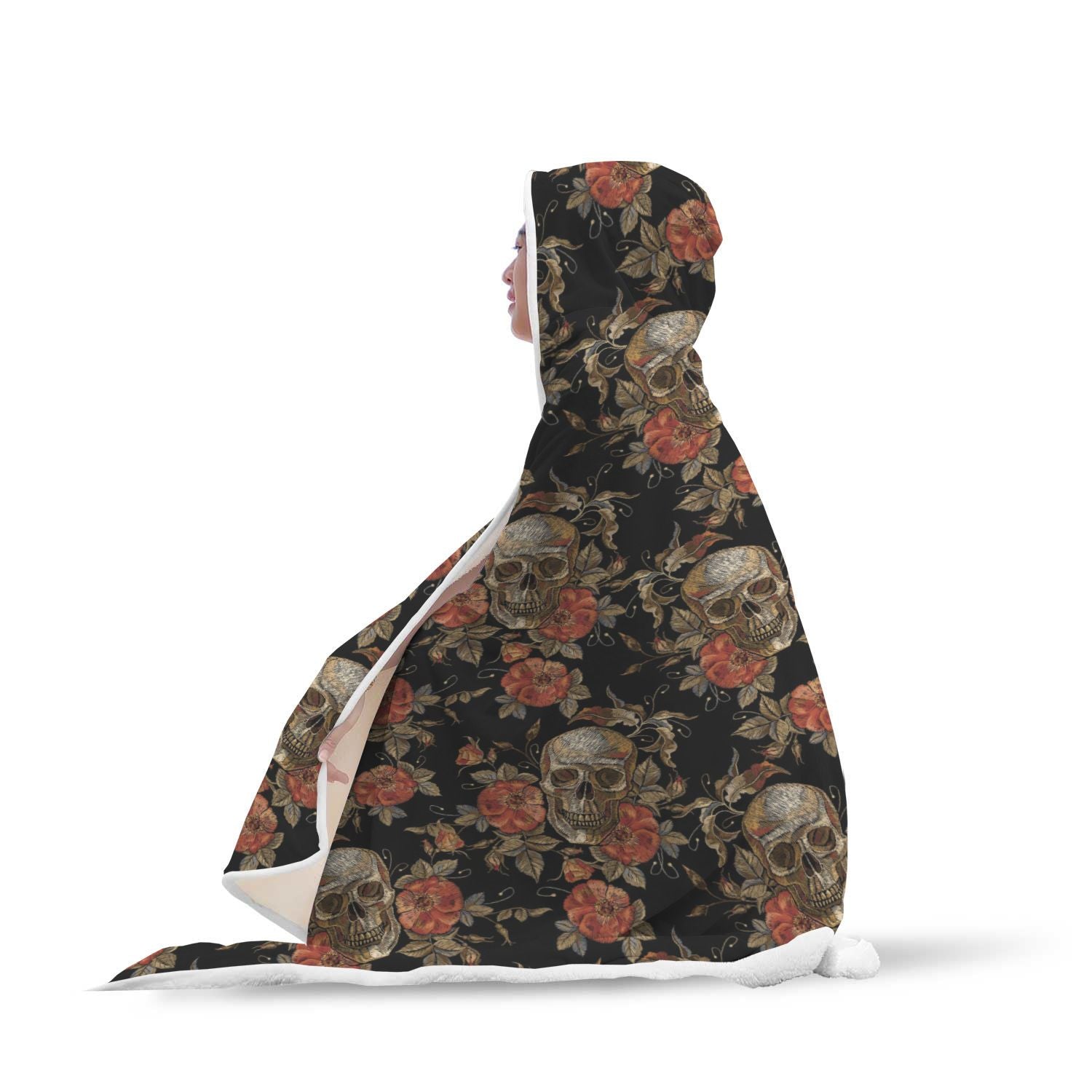 Skeleton Sugar Skull Girly Floral Rose Pattern Print Hooded Blanket-grizzshop