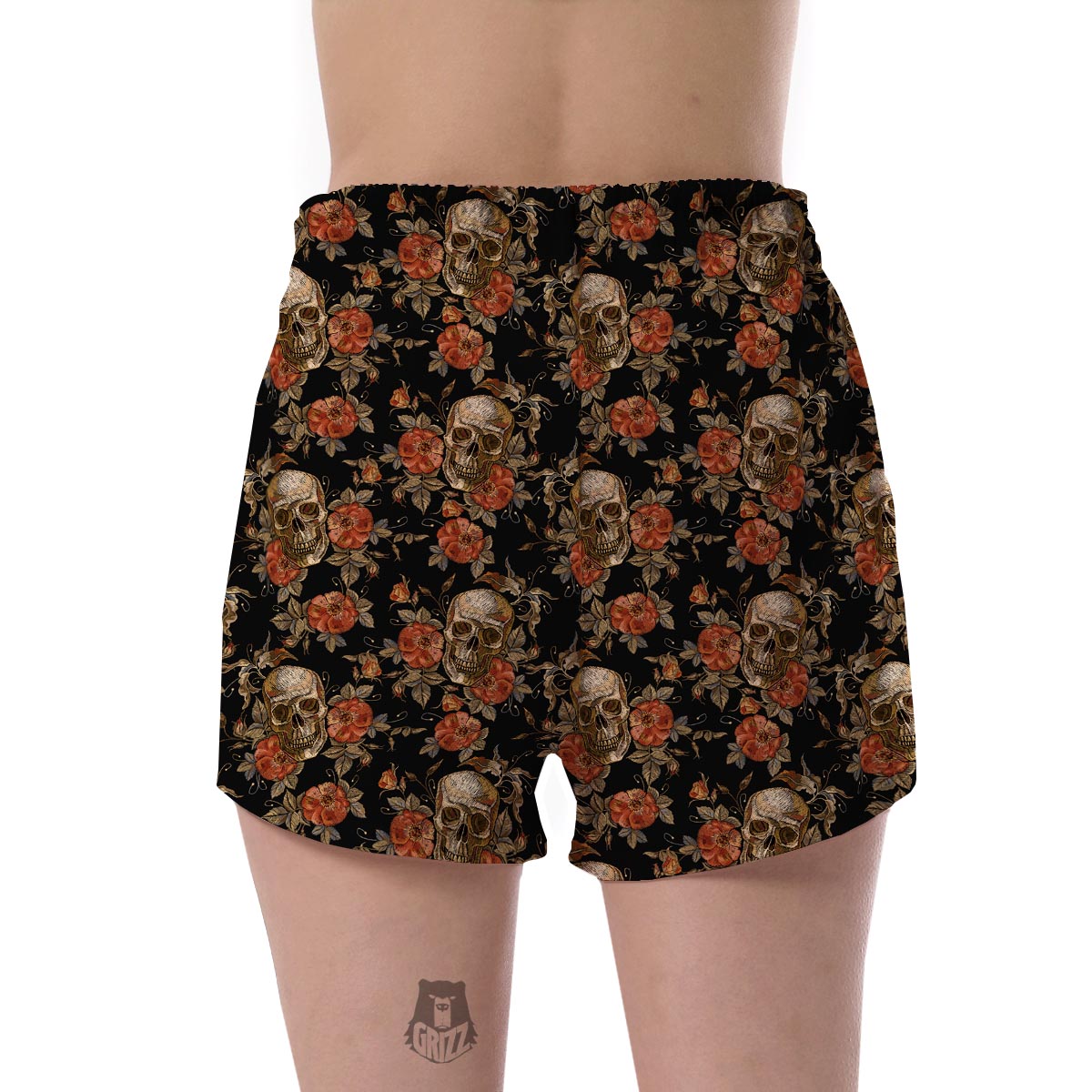 Skeleton Sugar Skull Girly Floral Rose Pattern Print Women's Shorts-grizzshop