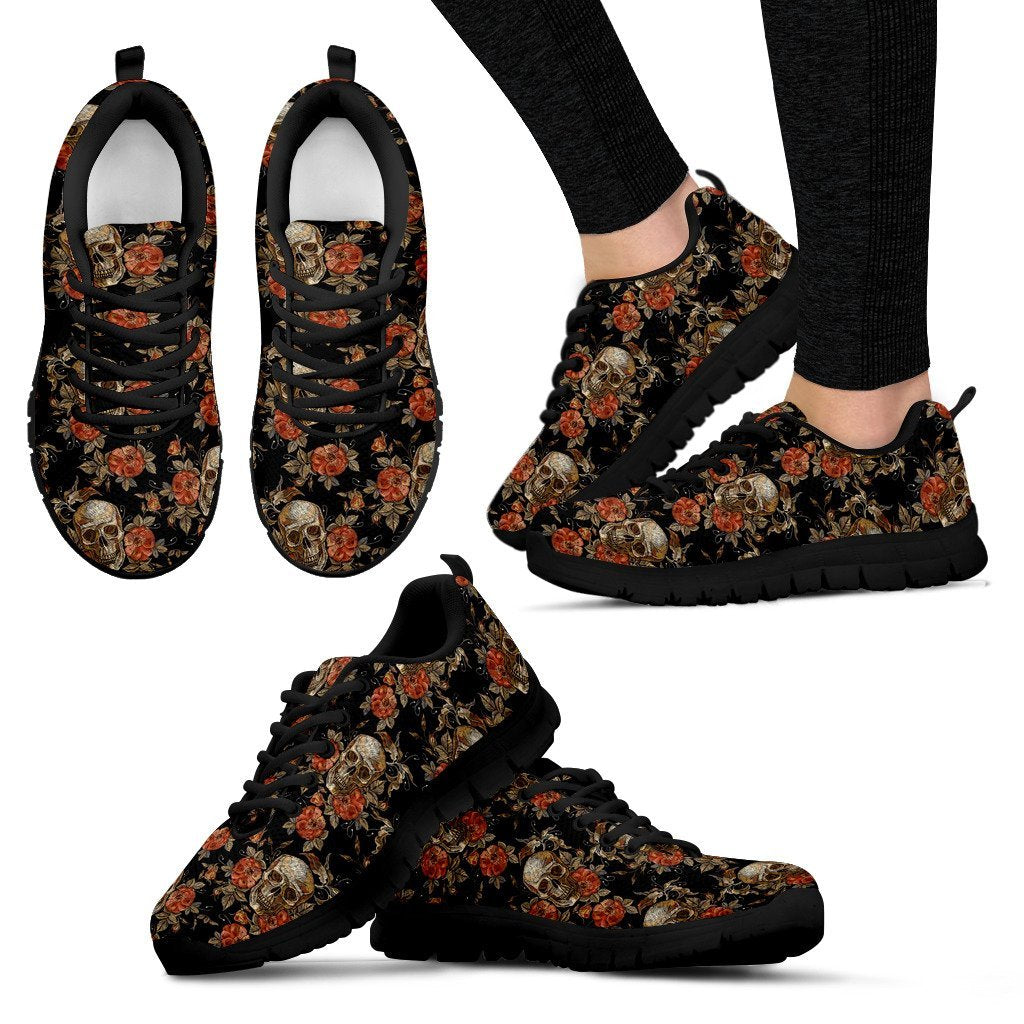 Skeleton Sugar Skull Girly Floral Rose Pattern Print Black Sneaker Shoes For Men Women-grizzshop