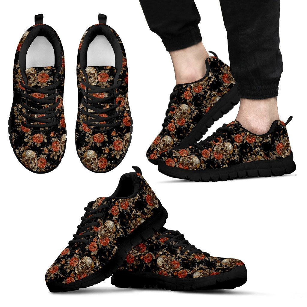 Skeleton Sugar Skull Girly Floral Rose Pattern Print Black Sneaker Shoes For Men Women-grizzshop