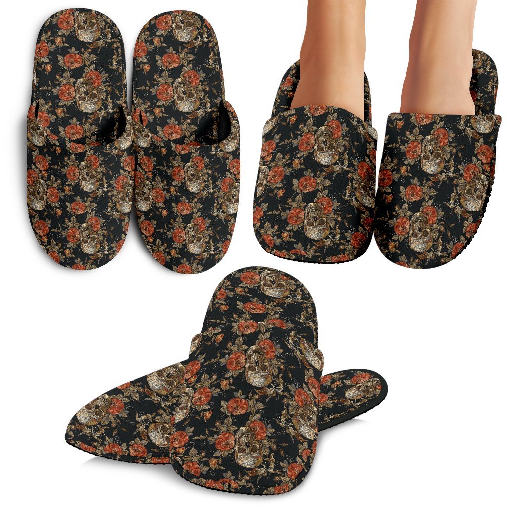 Skeleton Sugar Skull Girly Floral Rose Pattern Print Premium Home Slippers-grizzshop