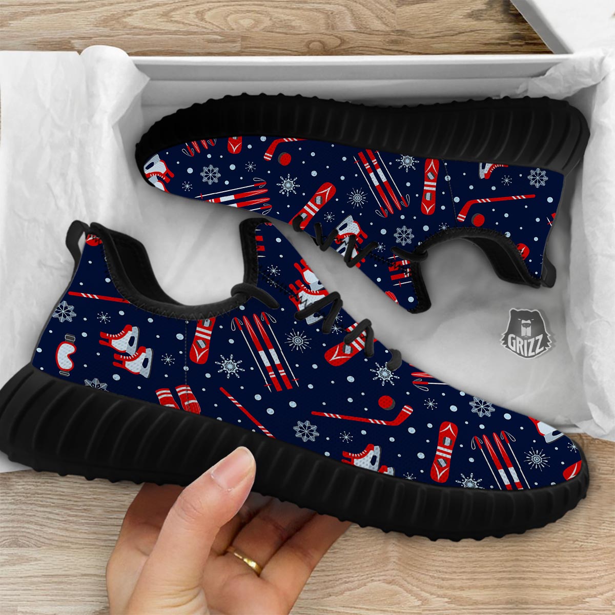Skiing Equipment Print Pattern Black Walking Shoes-grizzshop
