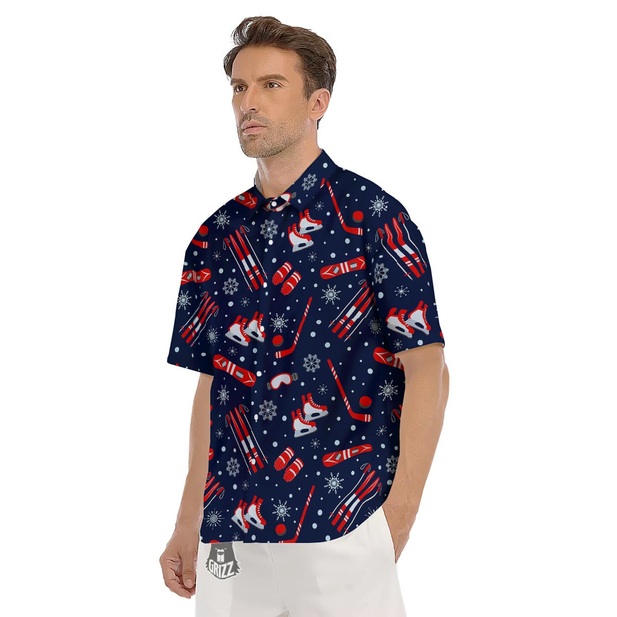 Skiing Equipment Print Pattern Men's Short Sleeve Shirts-grizzshop