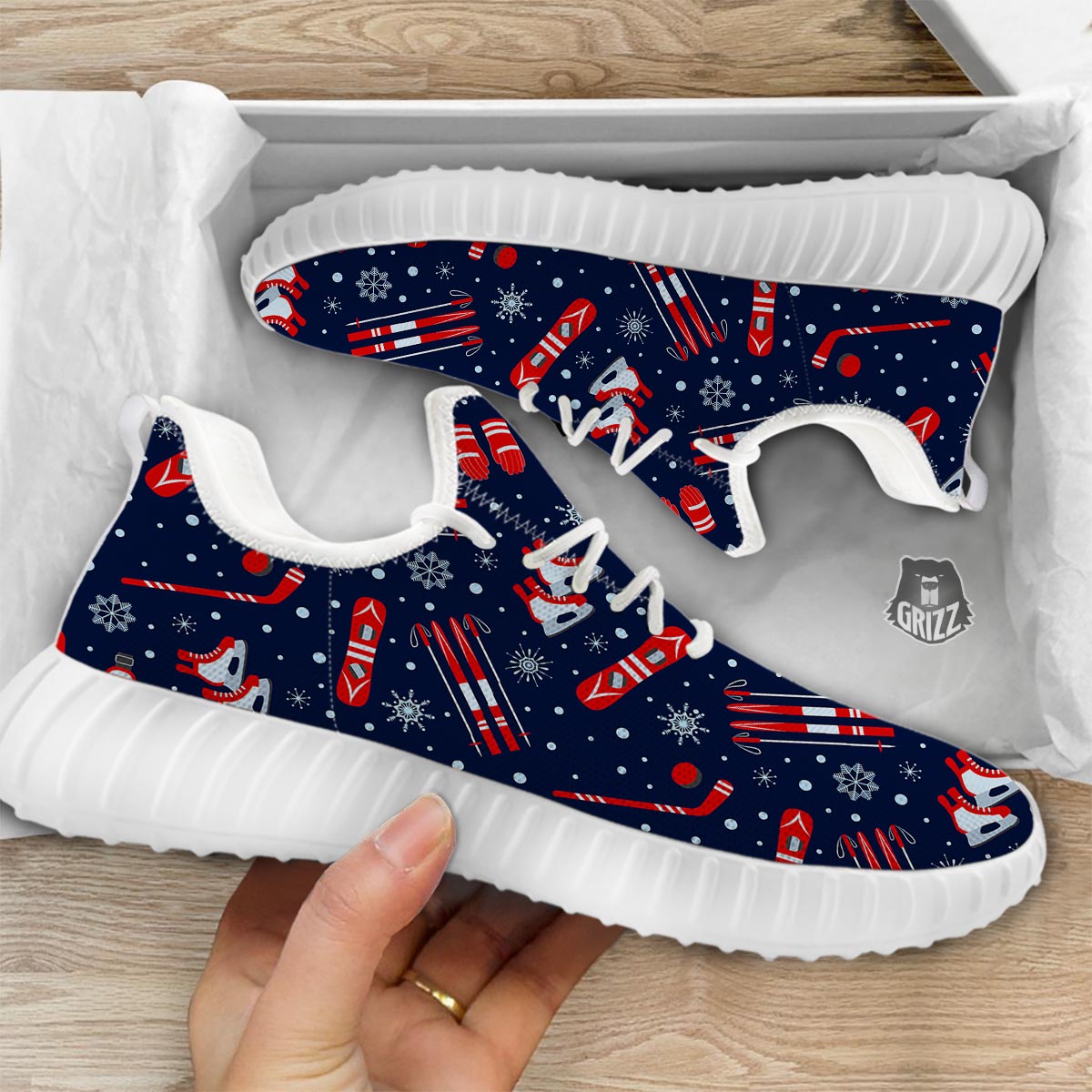 Skiing Equipment Print Pattern White Walking Shoes-grizzshop