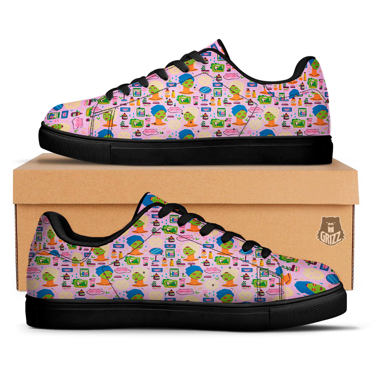 Skin Care And Face Care Print Pattern Black Low Top Sneakers-grizzshop
