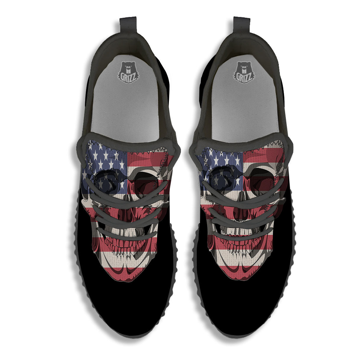 Skull American Flag Print Black Walking Shoes-grizzshop