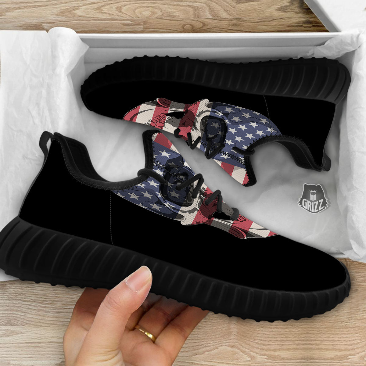 Skull American Flag Print Black Walking Shoes-grizzshop