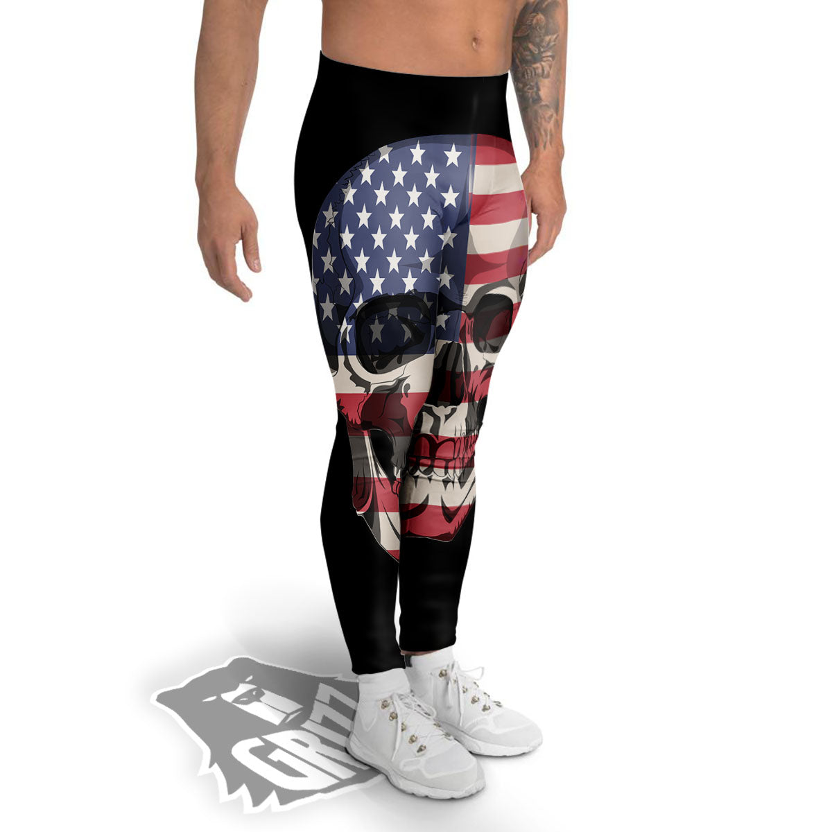 Skull American Flag Print Men's Leggings-grizzshop