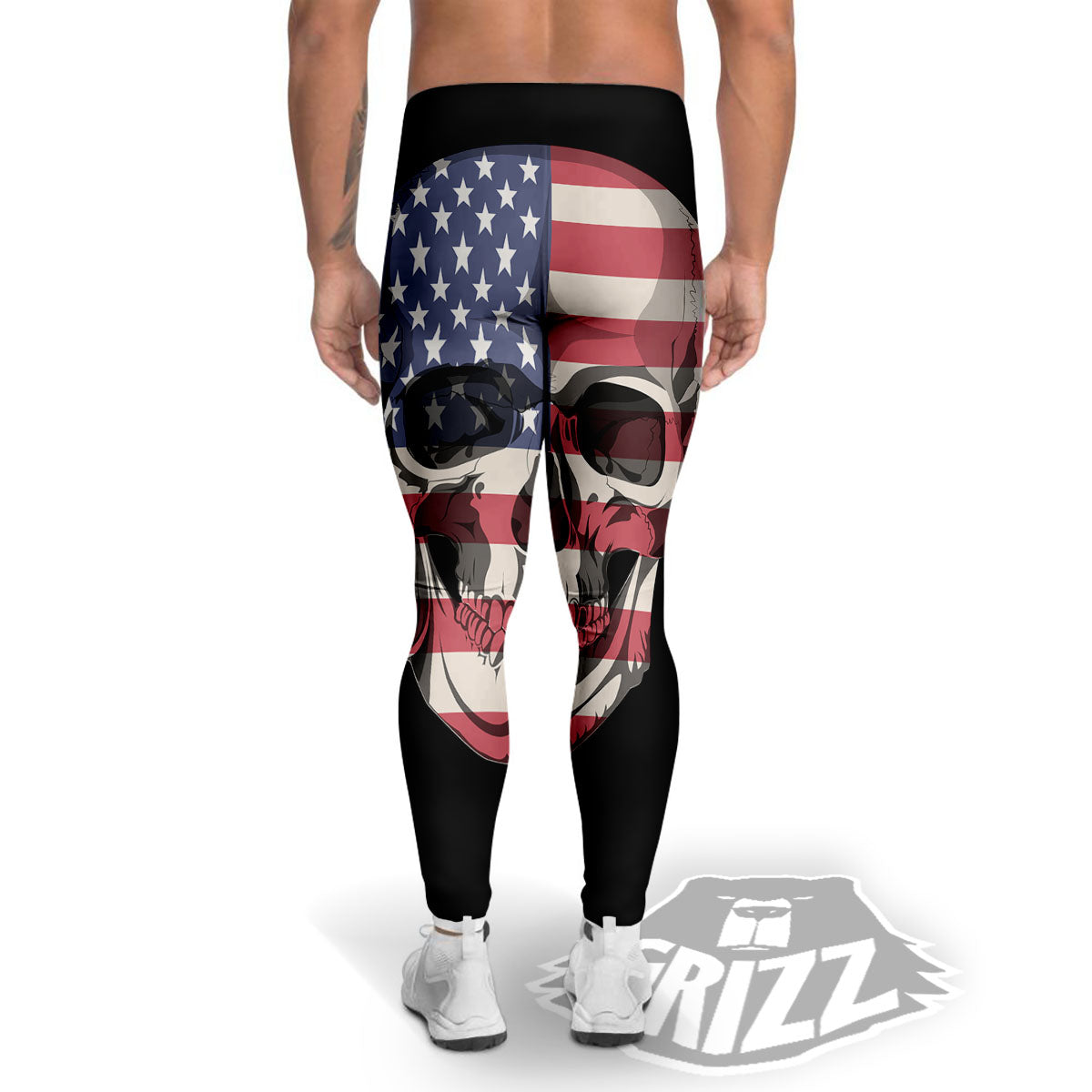 Skull American Flag Print Men's Leggings-grizzshop
