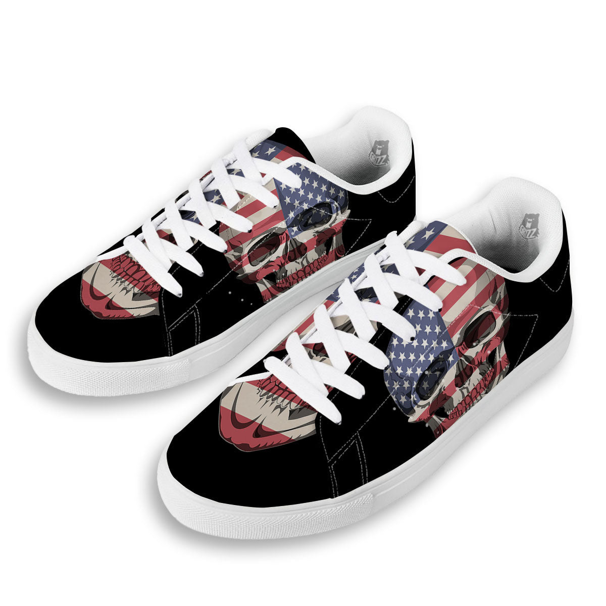 Skull American Flag Print White Low Top Sneakers-grizzshop