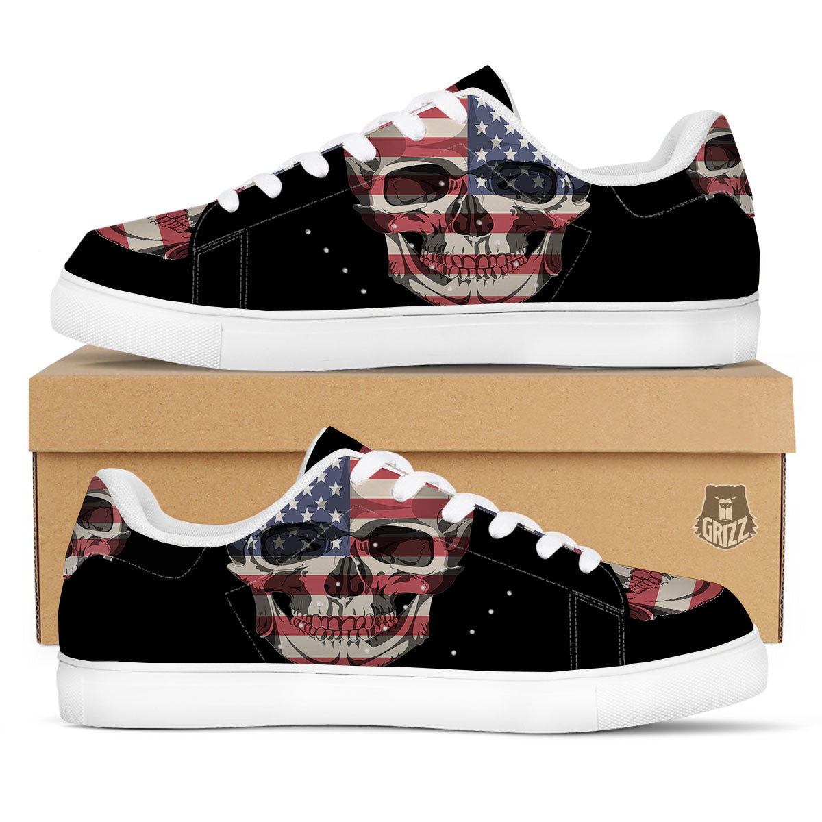 Skull American Flag Print White Low Top Sneakers-grizzshop