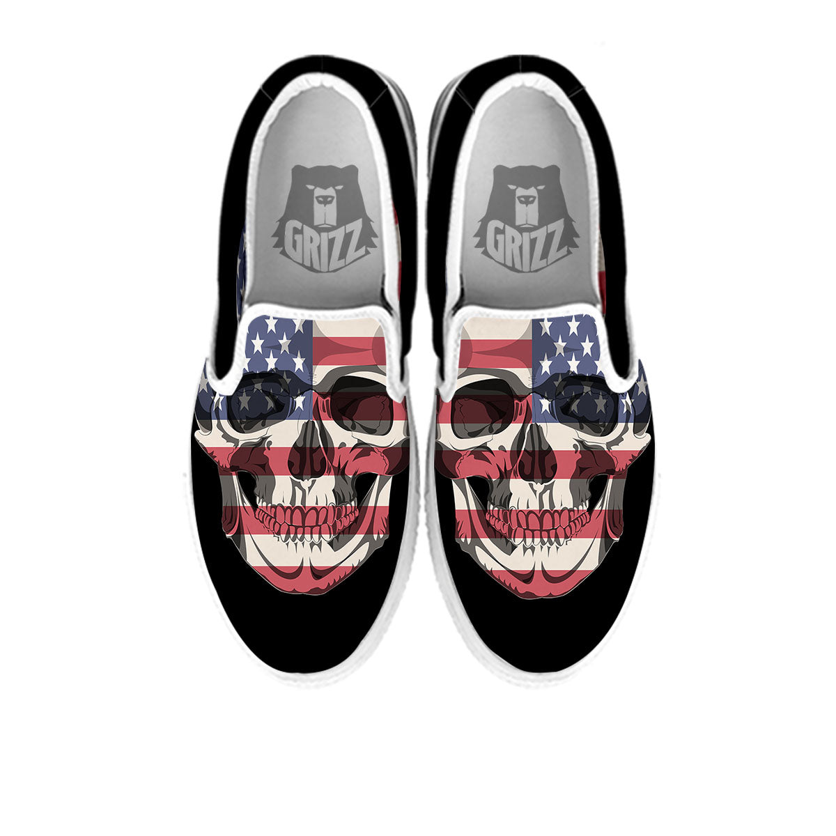 Skull American Flag Print White Slip On Shoes-grizzshop