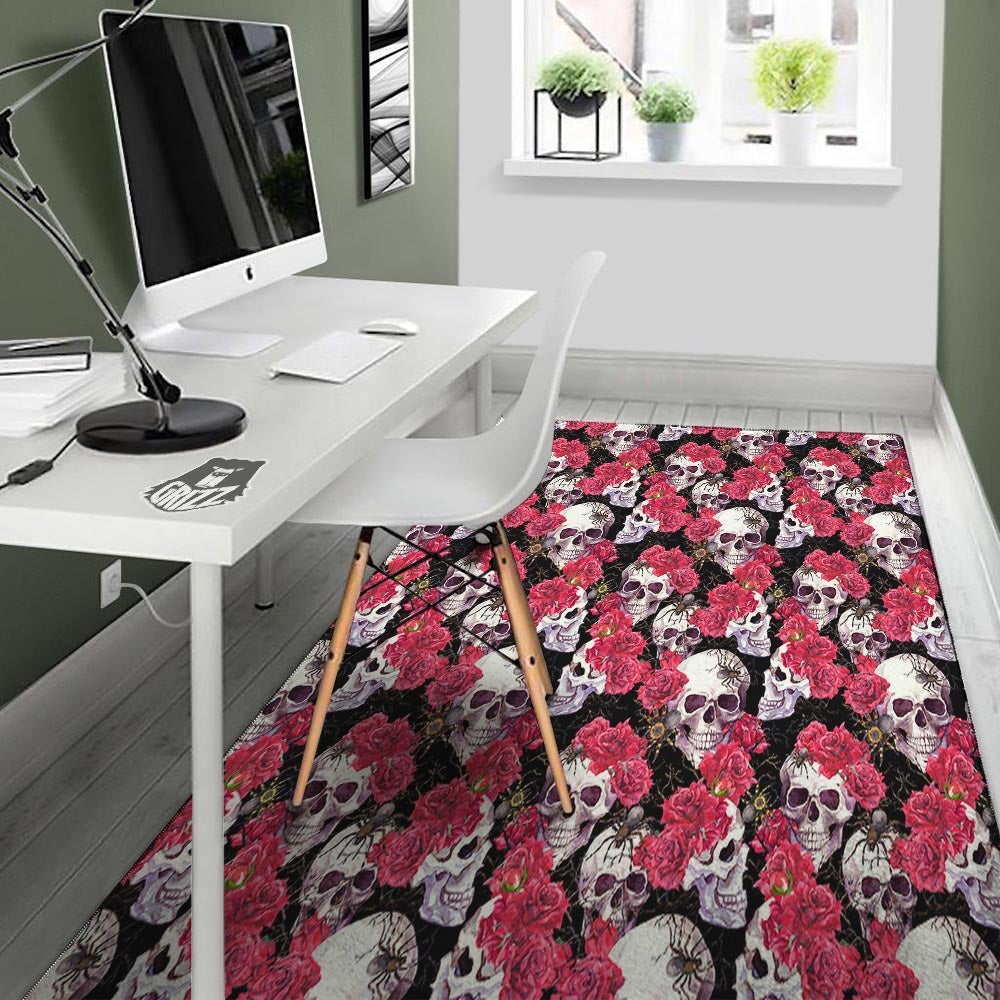 Skull And Rose Print Pattern Floor Mat-grizzshop