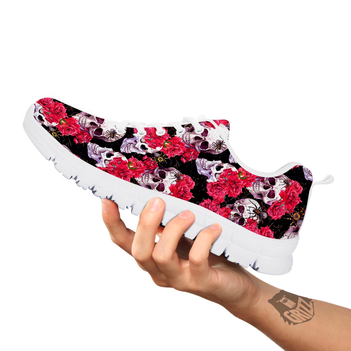 Skull And Rose Print Pattern White Sneaker-grizzshop