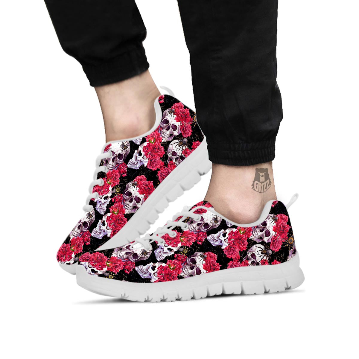 Skull And Rose Print Pattern White Sneaker-grizzshop