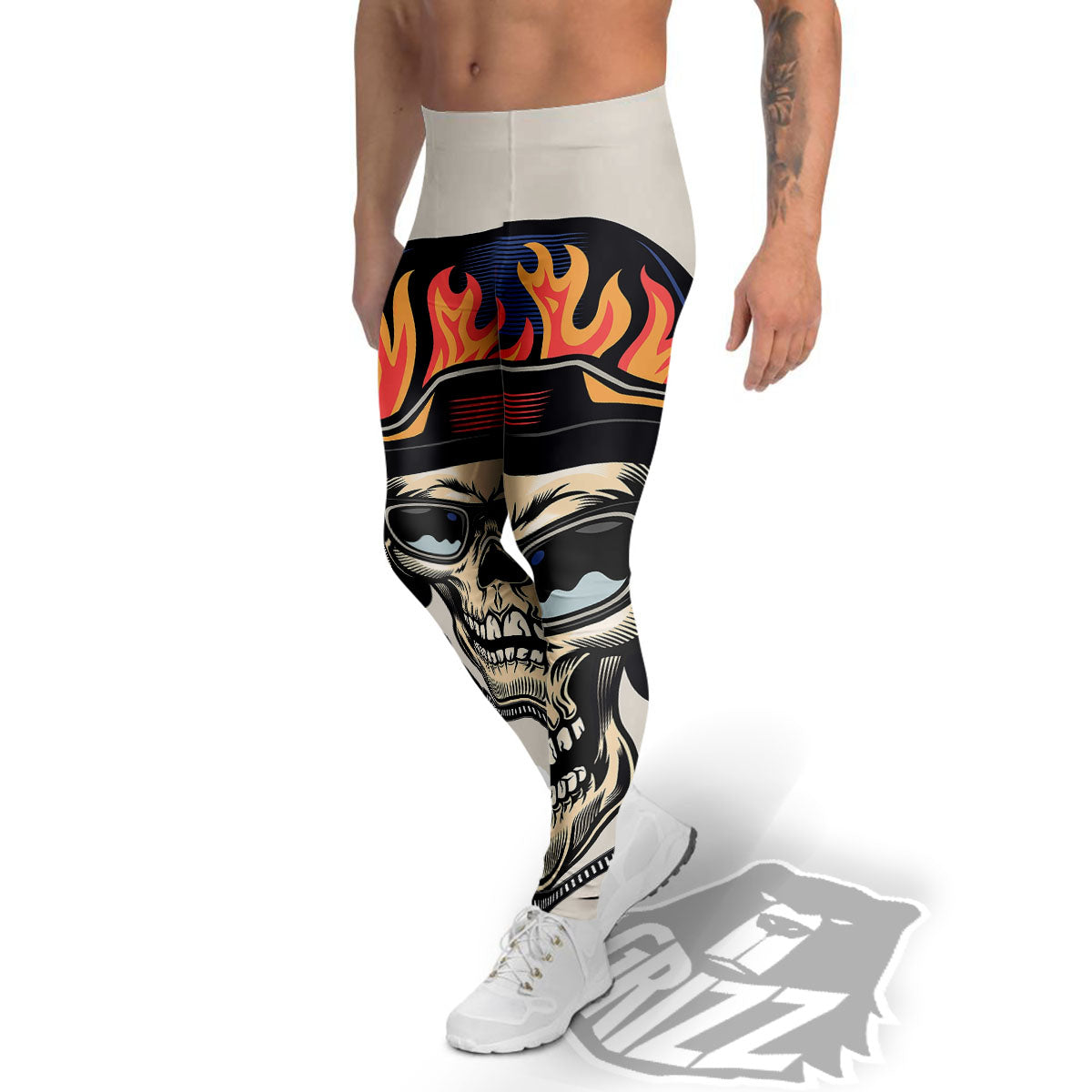 Skull Biker Helmet Vintage Print Men's Leggings-grizzshop