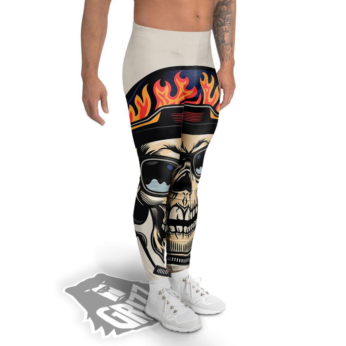Skull Biker Helmet Vintage Print Men's Leggings-grizzshop