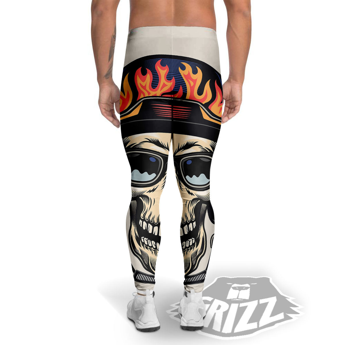 Skull Biker Helmet Vintage Print Men's Leggings-grizzshop