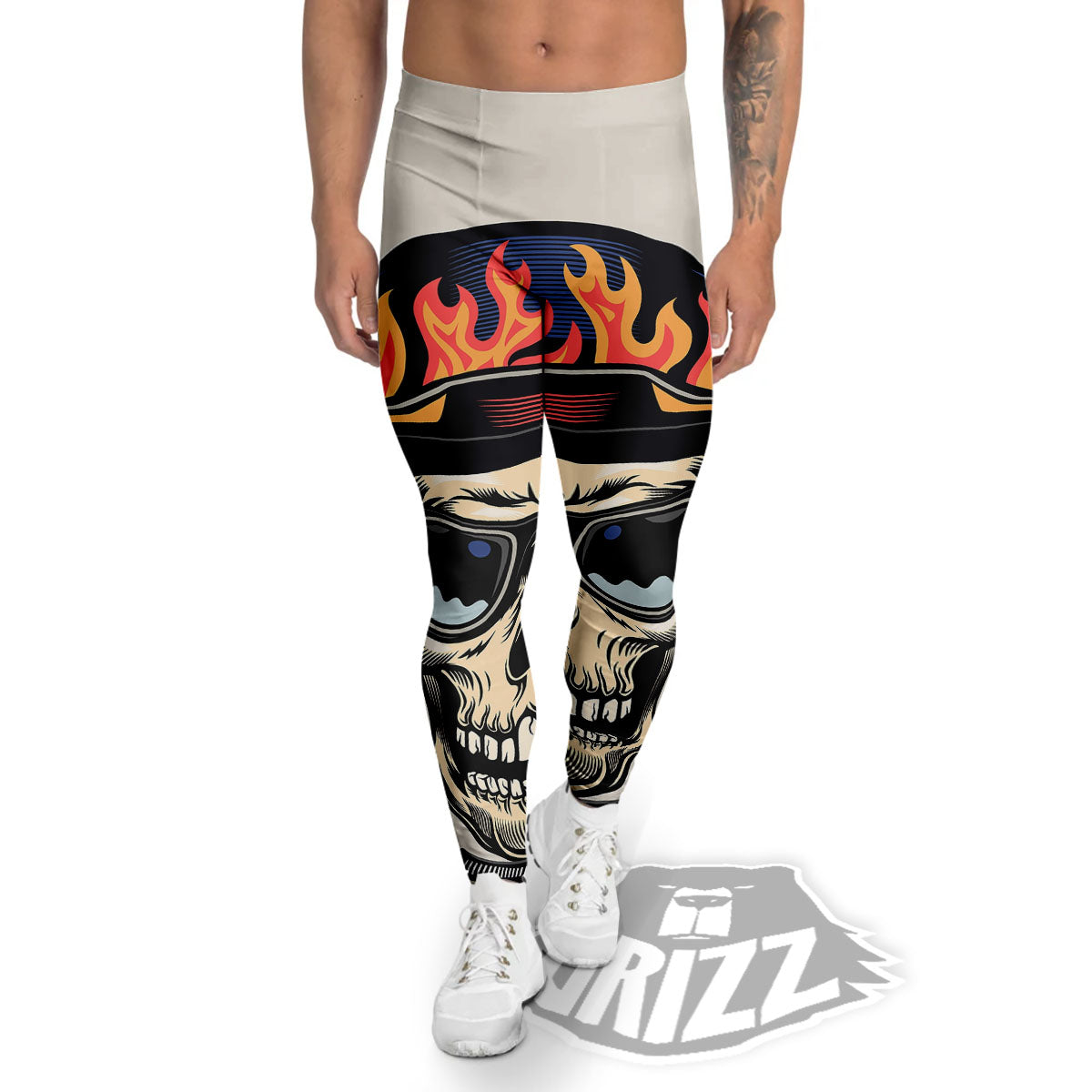 Skull Biker Helmet Vintage Print Men's Leggings-grizzshop