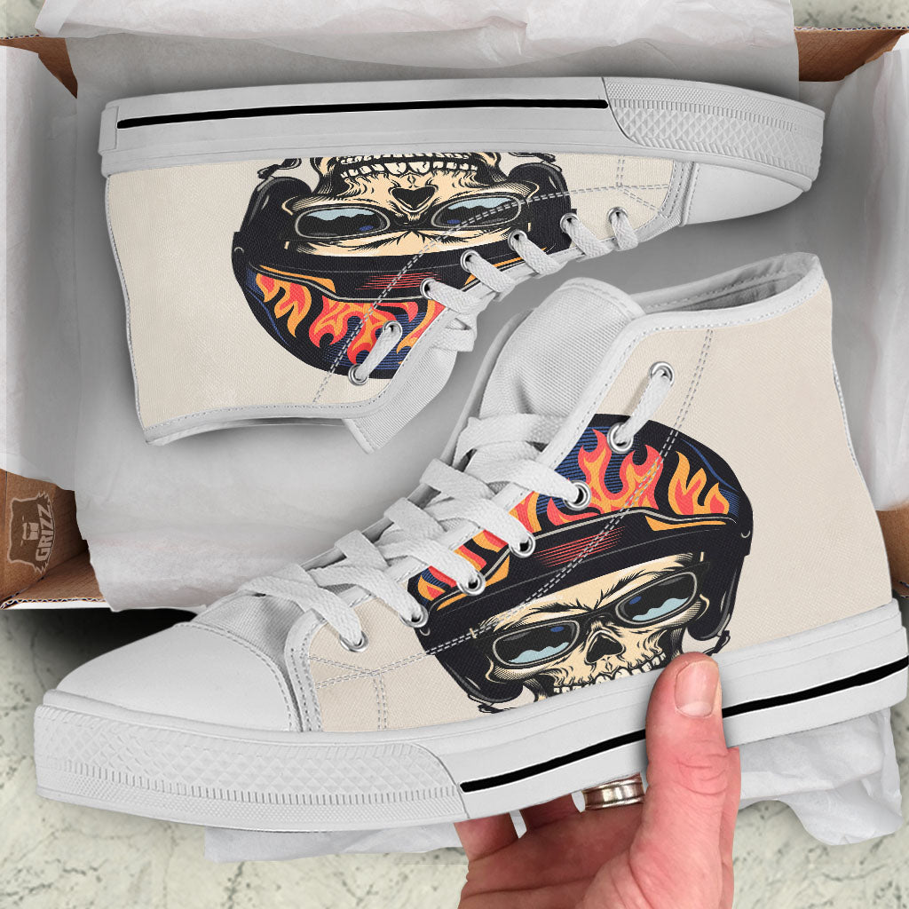 Skull Biker Helmet Vintage Print White High Top Shoes-grizzshop