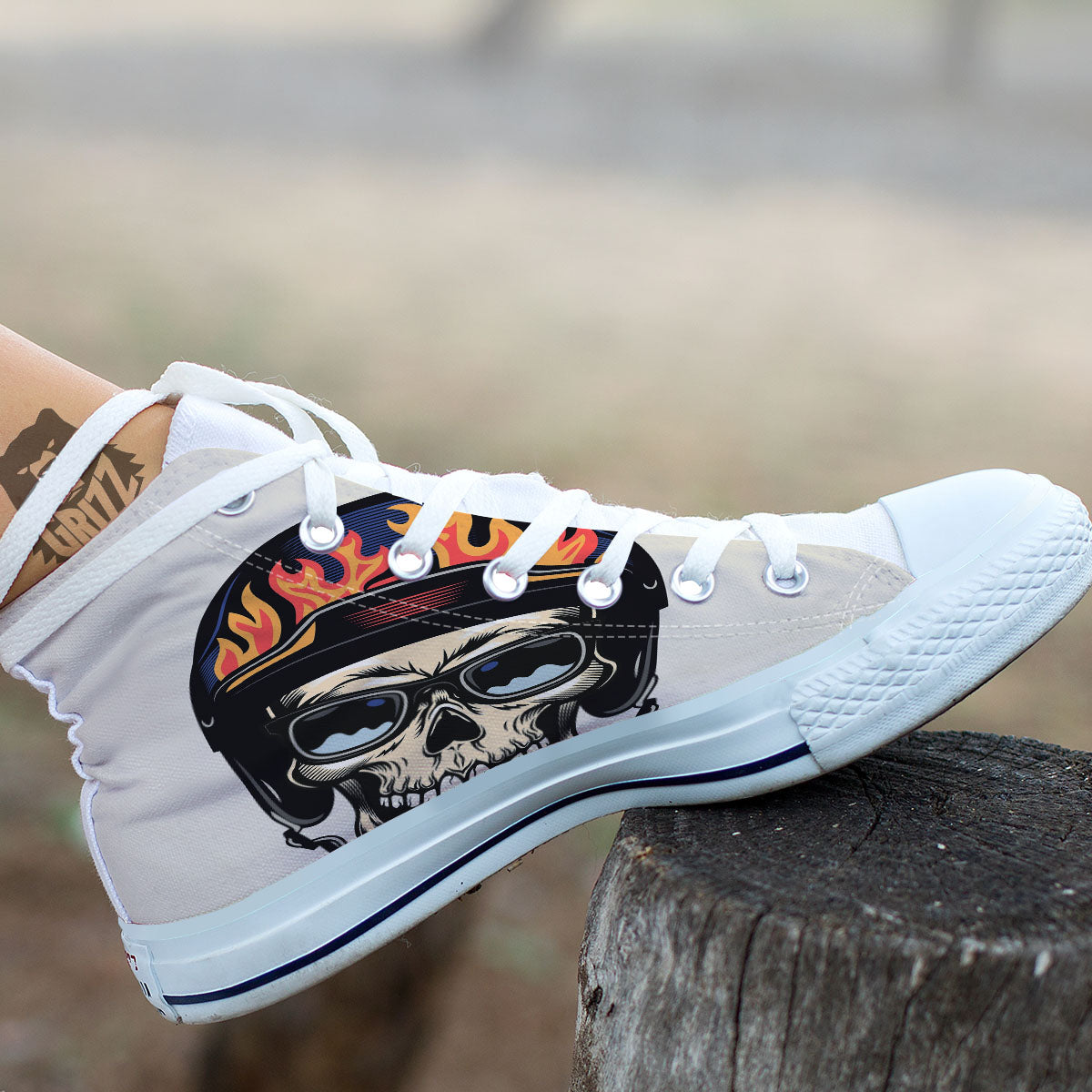 Skull Biker Helmet Vintage Print White High Top Shoes-grizzshop