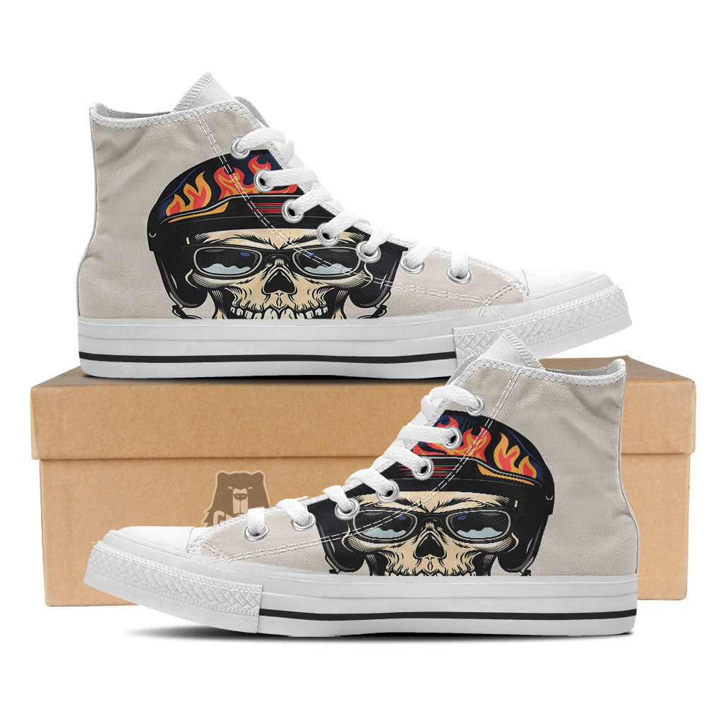 Skull Biker Helmet Vintage Print White High Top Shoes-grizzshop
