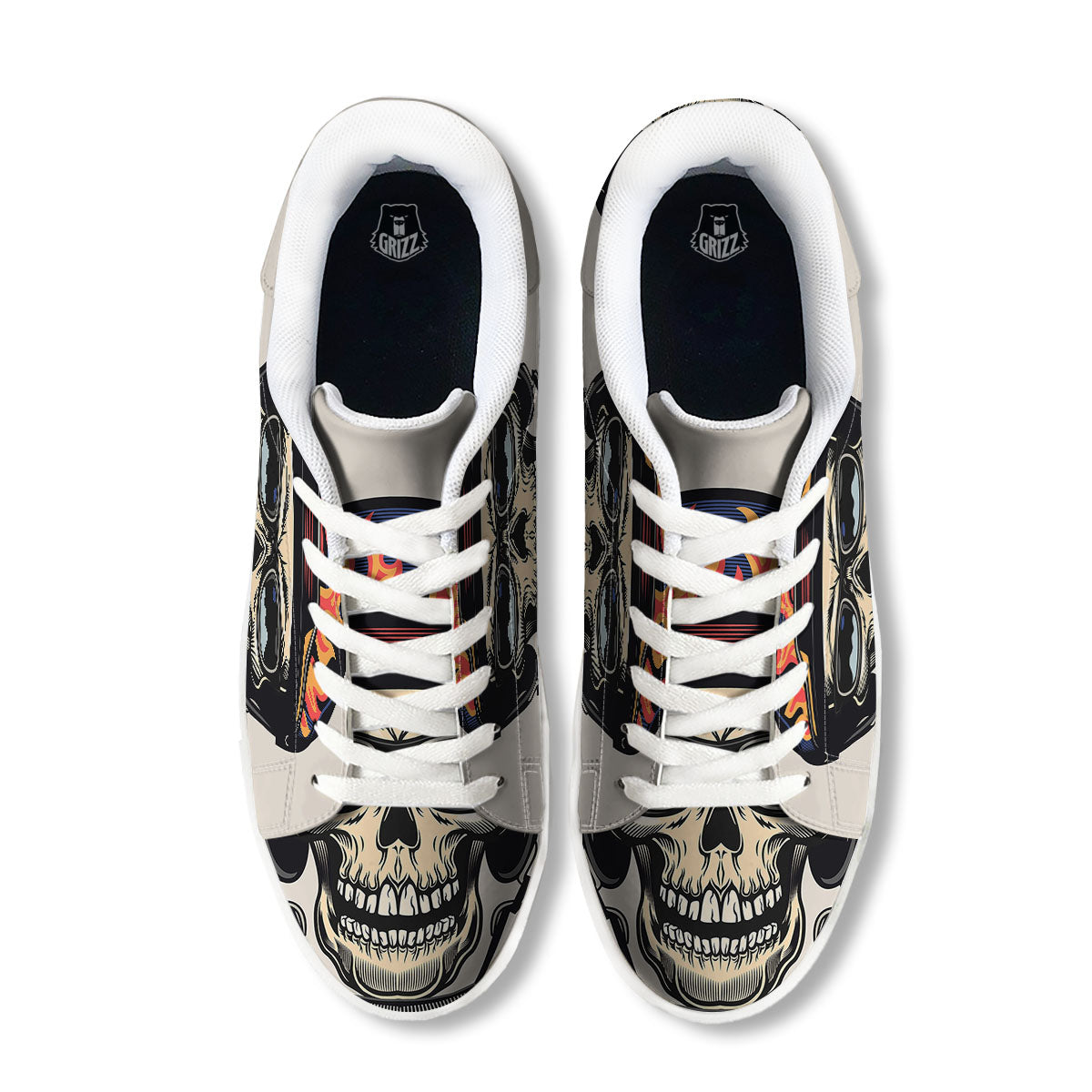 Skull Biker Helmet Vintage Print White Low Top Sneakers-grizzshop