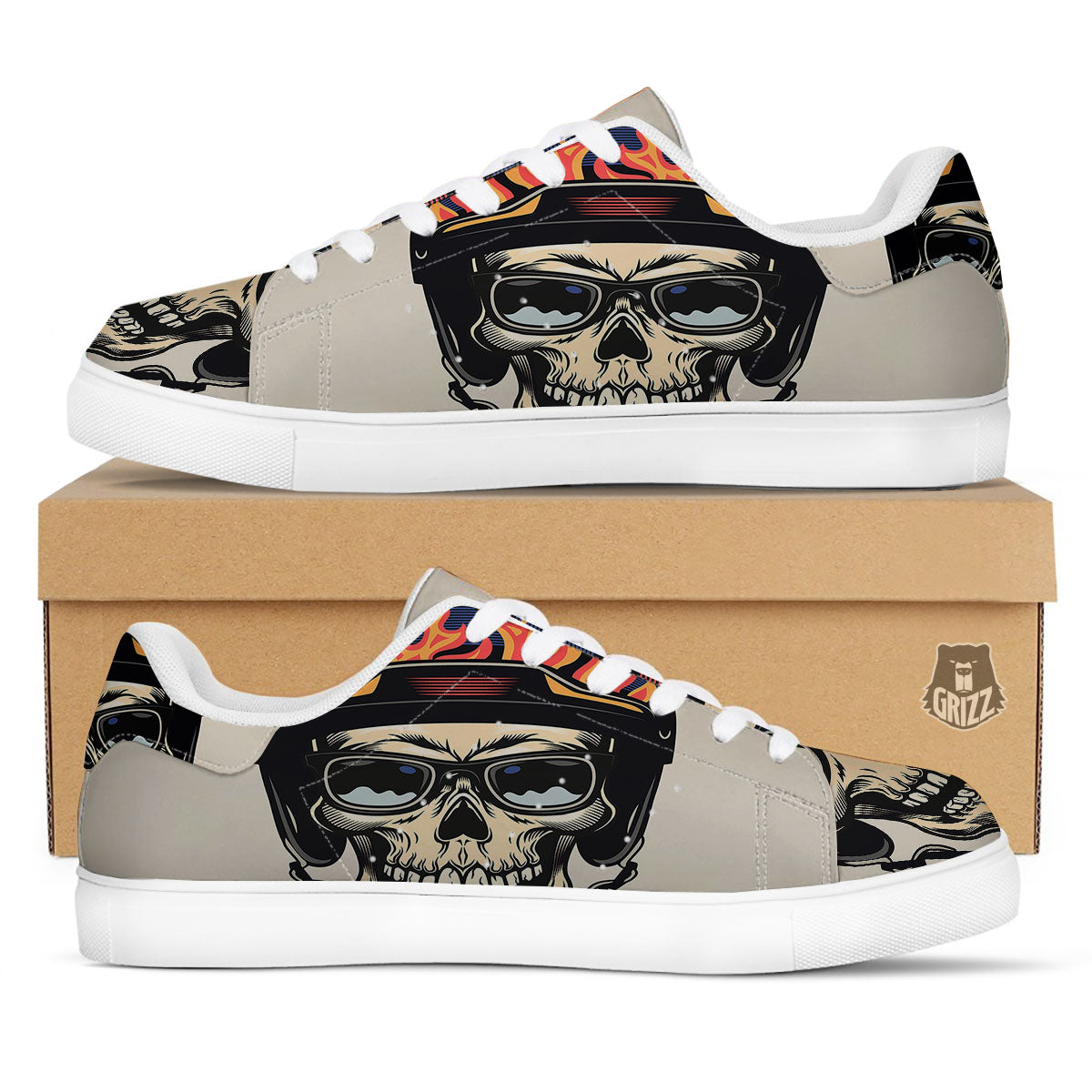 Skull Biker Helmet Vintage Print White Low Top Sneakers-grizzshop