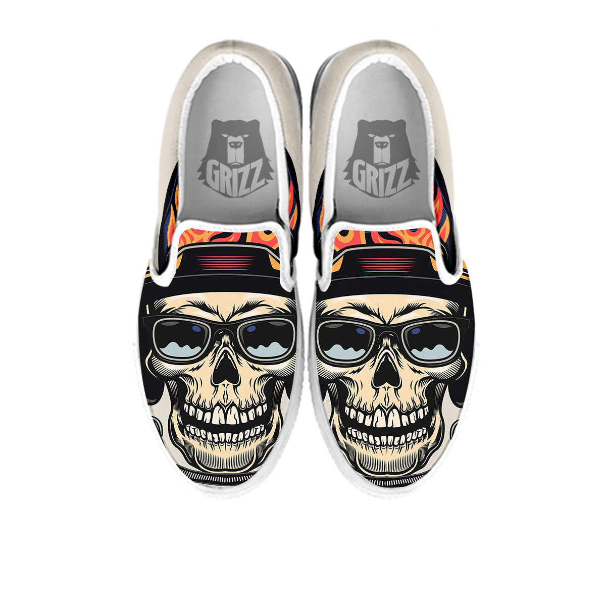 Skull Biker Helmet Vintage Print White Slip On Shoes-grizzshop