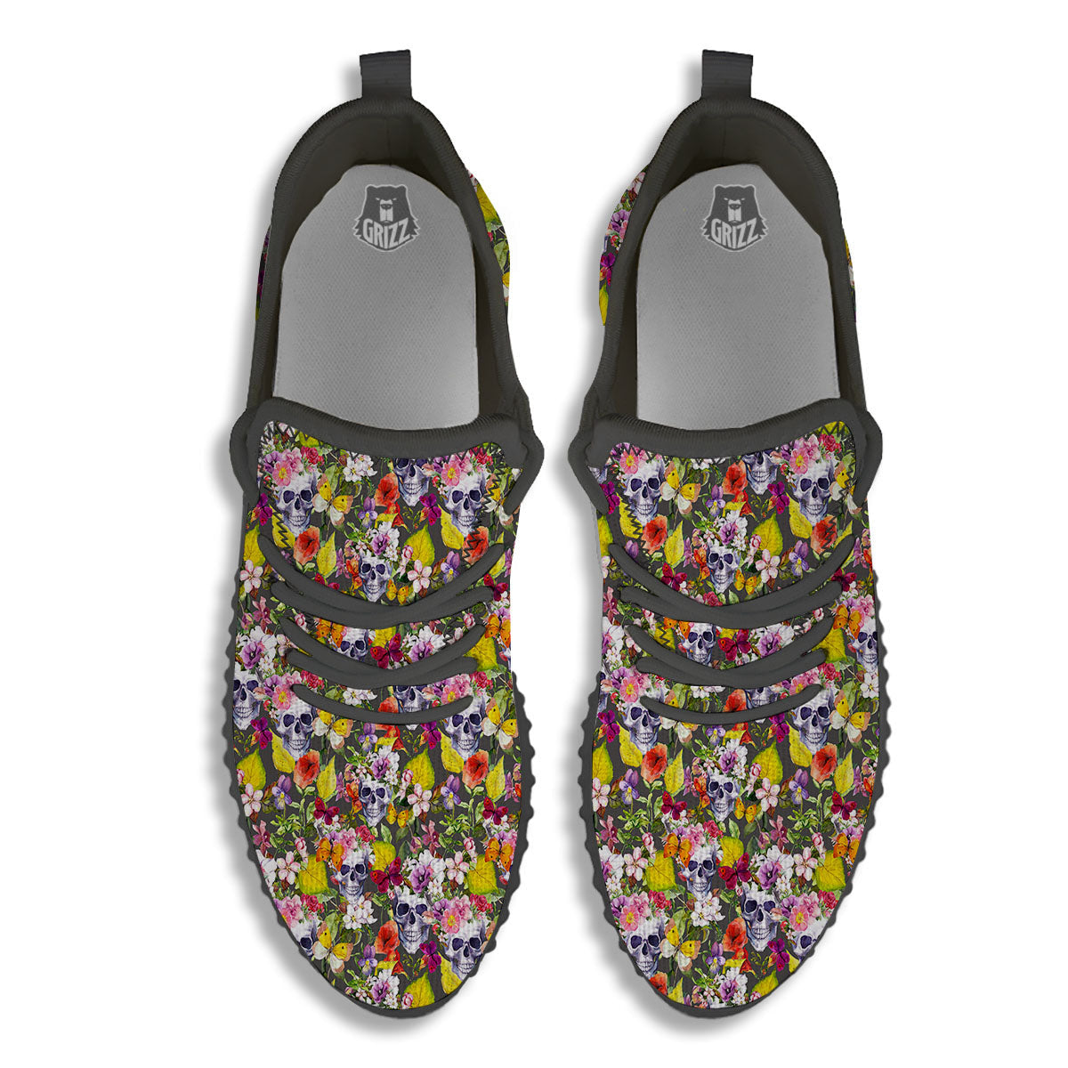 Skull Blossom Flowers Print Pattern Black Walking Shoes-grizzshop