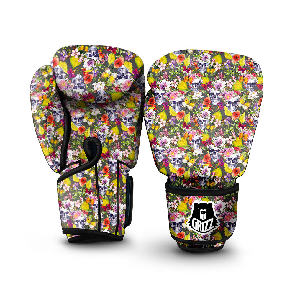 Skull Blossom Flowers Print Pattern Boxing Gloves-grizzshop