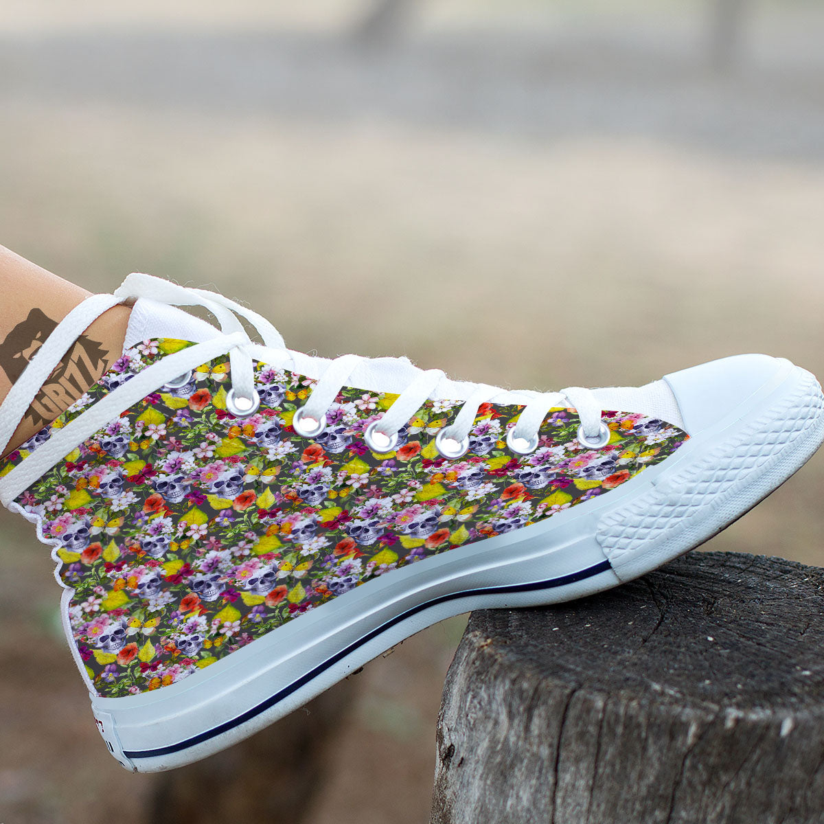 Skull Blossom Flowers Print Pattern White High Top Shoes-grizzshop