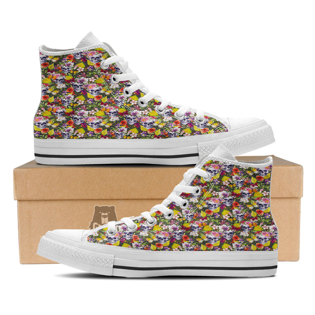 Skull Blossom Flowers Print Pattern White High Top Shoes-grizzshop