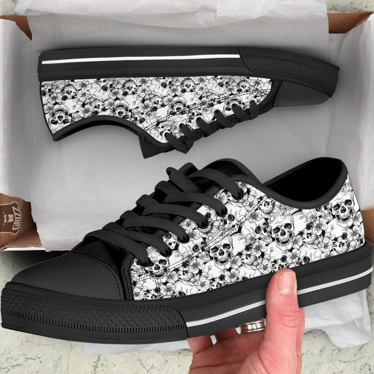 Skull Blossom Peony Print Pattern Black Low Top Shoes-grizzshop