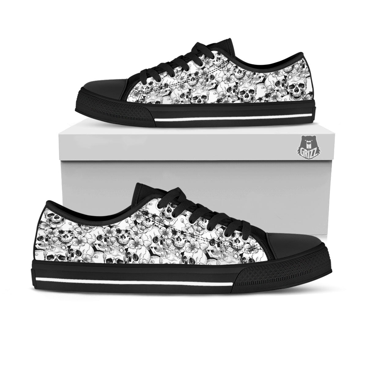 Skull Blossom Peony Print Pattern Black Low Top Shoes-grizzshop
