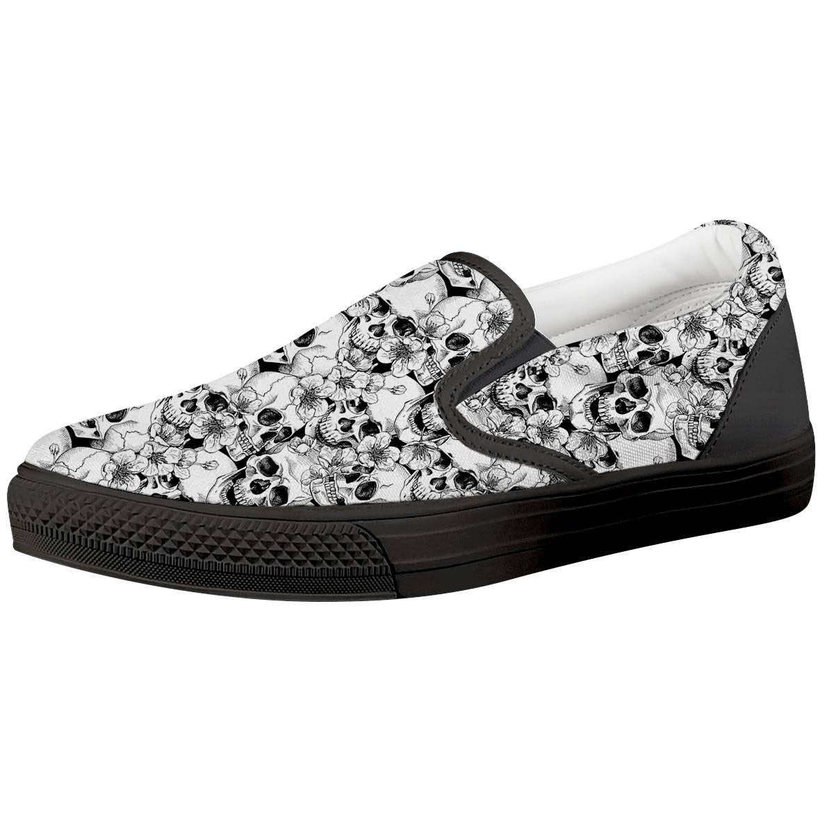 Skull Blossom Peony Print Pattern Black Slip On Shoes-grizzshop