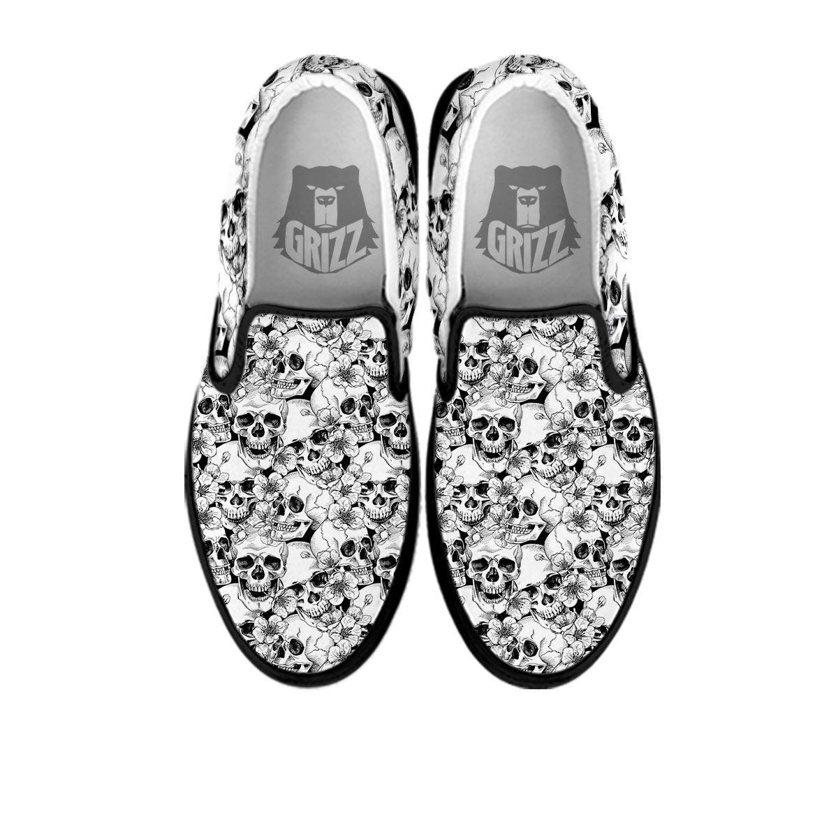Skull Blossom Peony Print Pattern Black Slip On Shoes-grizzshop