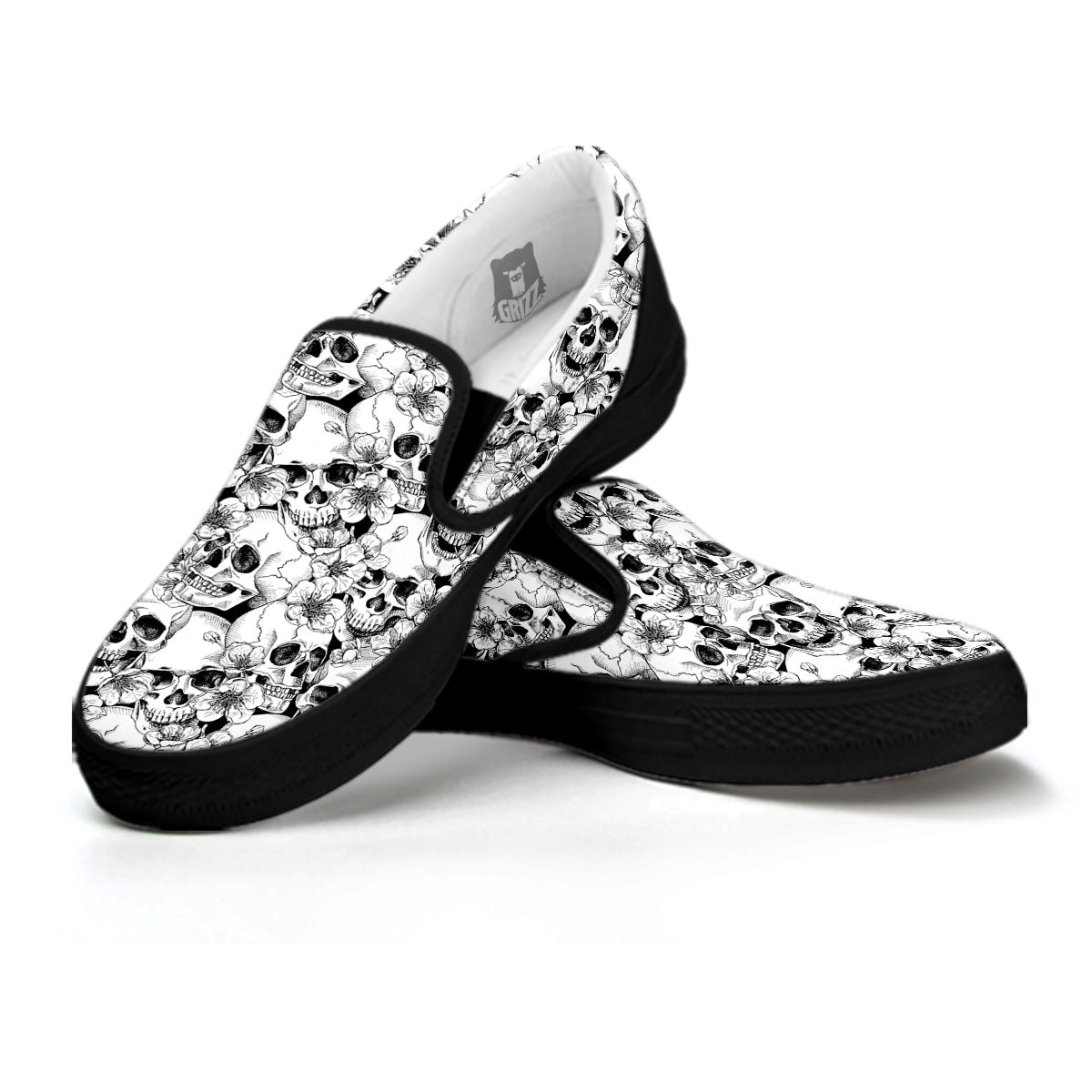 Skull Blossom Peony Print Pattern Black Slip On Shoes-grizzshop