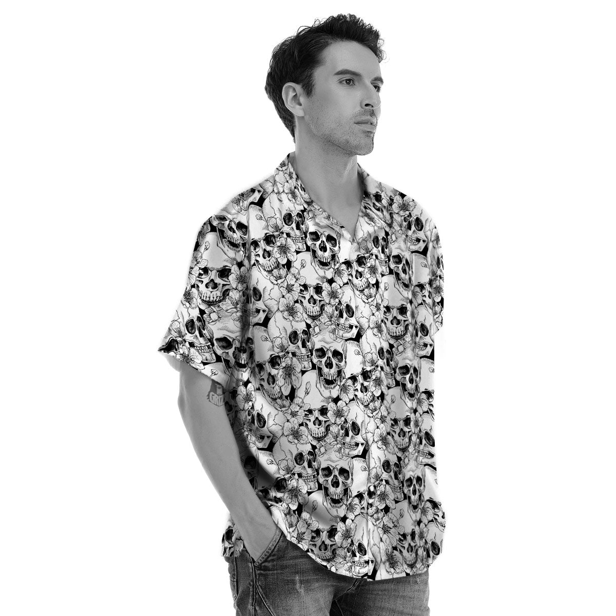 Skull Blossom Peony Print Pattern Men's Hawaiian Shirt-grizzshop