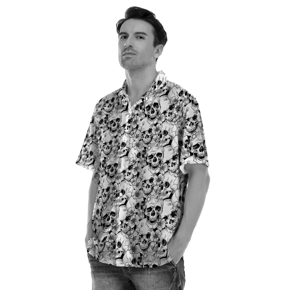 Skull Blossom Peony Print Pattern Men's Hawaiian Shirt-grizzshop