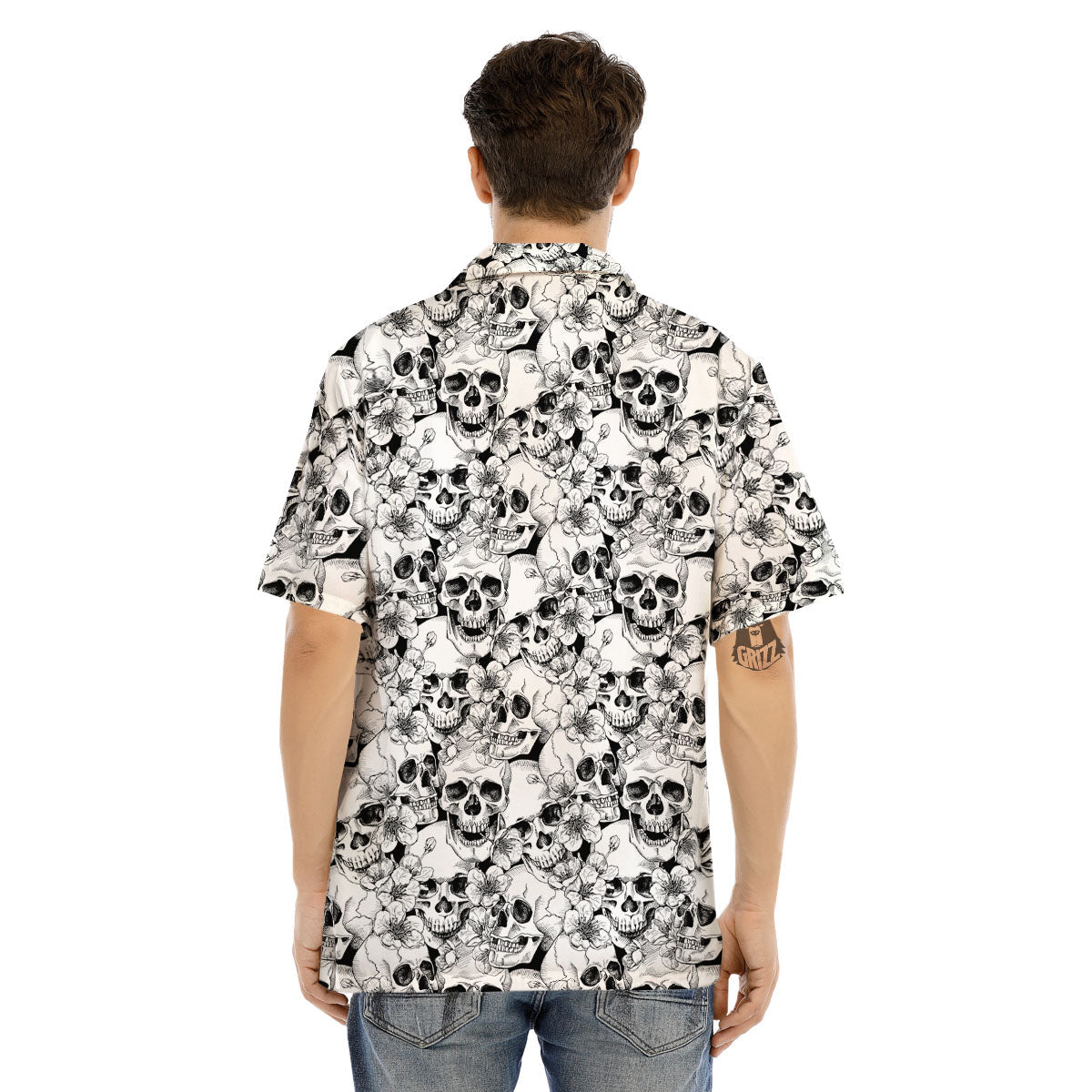 Skull Blossom Peony Print Pattern Men's Hawaiian Shirt-grizzshop