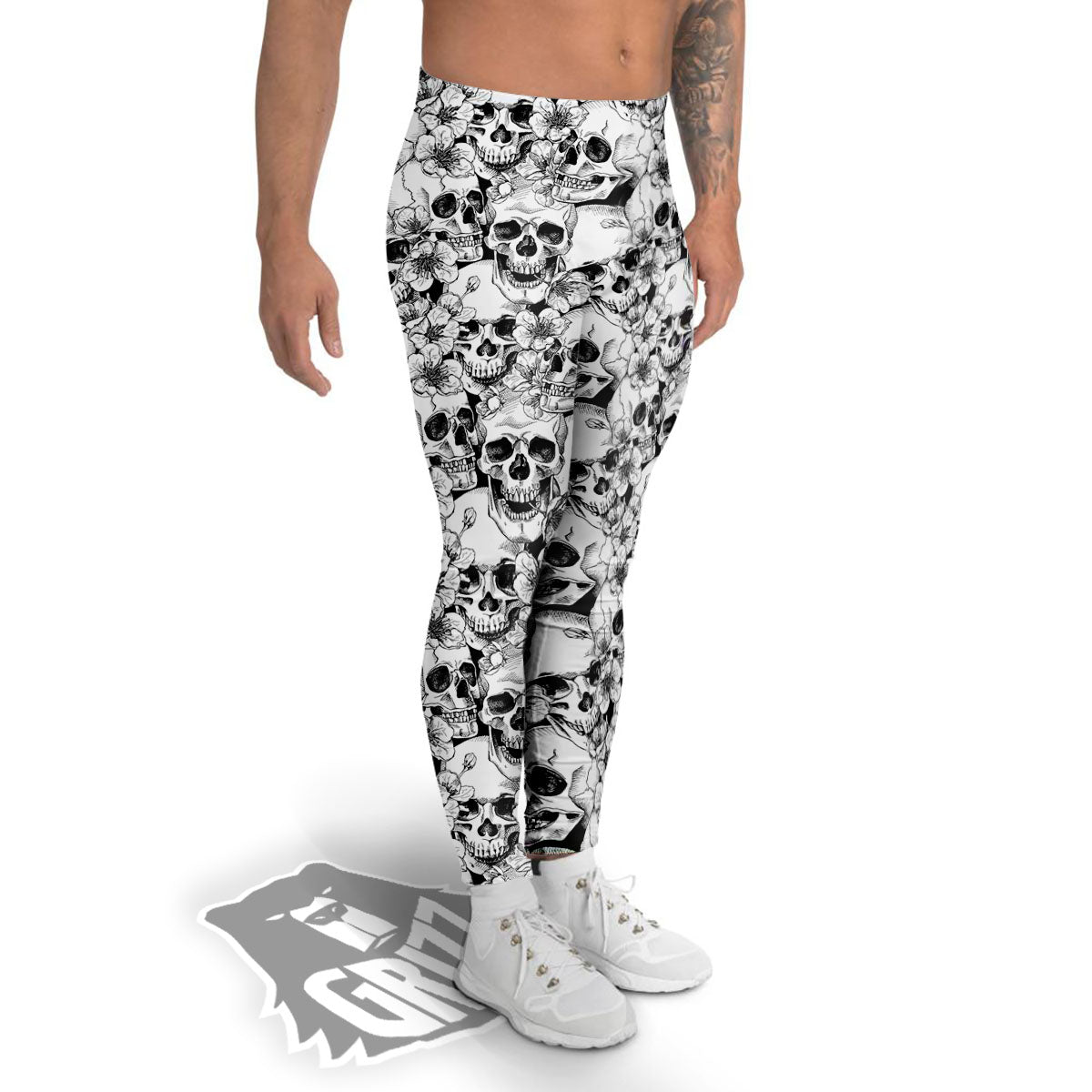 Skull Blossom Peony Print Pattern Men's Leggings-grizzshop